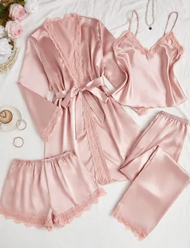 Conjunto de 4 piezas de top de camiseta y pantalones cortos, pantalones y bata con cinturón de imitación de seda con aplicaciones de encaje, conjunt - Shein - FashionsVida
