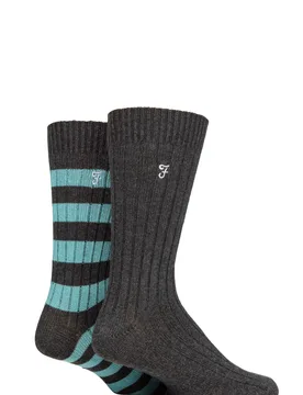 Mens 2 Pair Bamboo Boot Socks Charcoal / Teal 6-11 Mens - Grey - Size: 6-11 Mens - Farah - FashionsVida