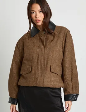 Womens Oversized Check Wool Look Bomber Jacket - Brown - Size 10 Uk - Boohoo - FashionsVida