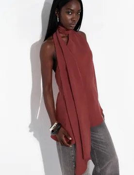 Womens Halter Neck Scarf Detail Top - Dark Red - Size X-Small - Hiccup - FashionsVida
