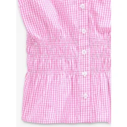 Camisa de mujer 100% algodón de manga corta con fruncido y estampado vichy