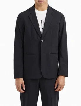 Blazer Exchange blu in tessuto stretch con rever classico e chiusura monopetto - Armani - FashionsVida