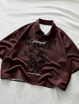 Camisa casual de manga corta con botones delanteros y estampado de letras y flores, para verano - Shein - FashionsVida