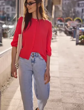 Street One 3/4-Arm Bluse mit Rundhals und Knöpfen female Rot