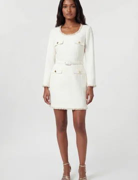 Women's Petite Tweed Embellished Trim Tailored Belted Mini Dress in Cream Size: 14 - Cream - Size: 14 - Karen millen - FashionsVida