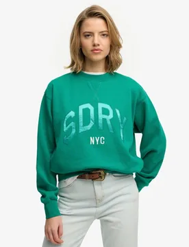 Superdry Damen Baumwolle Satin-Applikation Logo Varsity Sweatshirt, Grün & Weiß - Größe: 42 - 74.99 - FashionsVida