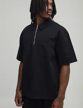 Men's Tall Oversized Quarter Zip Worker Overshirt Black Size Small Black S - boohooMAN - FashionsVida