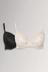 Women's 2 Pack Floral Lace Embroidered Padded Bras in Black Size: 46E - Black - Size: 46E