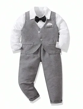Piezas Conjunto de ropa de caballero para niños, incluye chaqueta de chaleco de manga larga y pantalones hasta el tobillo, traje formal para la escue - Shein - FashionsVida