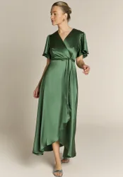 Florence Waterfall Dress in Olive Green Satin - 8