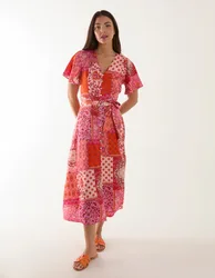Patchwork Button Through Belted Midi Dress - 12 / PINK - female