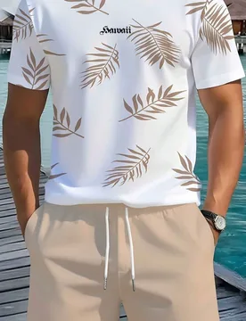 Conjunto de camiseta y pantalones cortos con estampado de hojas de palma tropical para hombres de talla grande. Conjunto de dos piezas con camiseta de - Shein - FashionsVida
