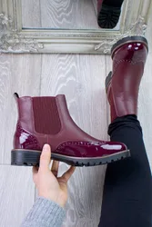 Women's Low Heel Pull On Brogue Ankle Chelsea Boots in Burgundy Size: 7 - Burgundy - Size: 7