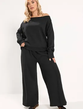 Women's Off Shoulder Sweatshirt & Jogger Wide Leg Set in Black Size: 10-12R - Black - Size: 10-12R - Yours - FashionsVida