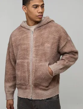 Men's Relaxed Boxy Ombre Wash Boucle Knitted Hoodie Brown Size Medium Brown M - boohooMAN - FashionsVida