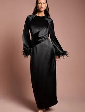 Women's Feather Trim Satin Maxi Dress in Black Size: 8 - Black - Size: 8 - Coast - FashionsVida