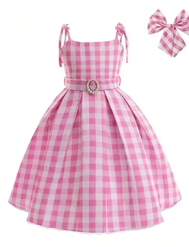 Vestido de satén a cuadros rosa para niñas jóvenes con tirantes de hombro con lazo, elegante vestido de gala para fiesta, incluye diadema y cintur? - Shein - FashionsVida