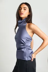 Womens Satin High Cowl Neck Cami Top - Blue - Size 14 Uk