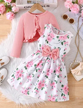 Conjunto de niña joven de 2 piezas con chaqueta con volantes y vestido sin mangas con estampado floral, set elegante para primavera/otoño - Shein - FashionsVida
