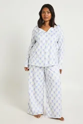 Womens Plus Bow Print Long Sleeve Shirt And Trousers Pyjama Set - Blue - Size 16 Uk