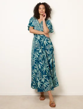 Wrap Over Angel Sleeve Shirred Maxi Dress - M/L / TEAL - female - Blue Vanilla - FashionsVida
