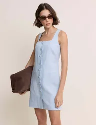 Square Neck Mini Tailored Dress with Linen Blue female