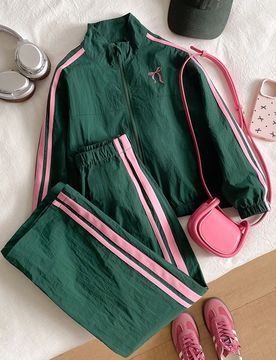Conjunto de 2 piezas para niña preadolescente con chaqueta con cremallera a rayas de bloques de color con un lazo bordado y pantalones con cintura el
