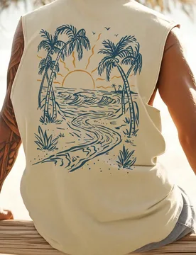 Camiseta de tirantes de estilo de vacaciones con estampado de elementos de isla, adecuada para el verano, cómoda y transpirable, de moda de vanguardi - Shein - FashionsVida