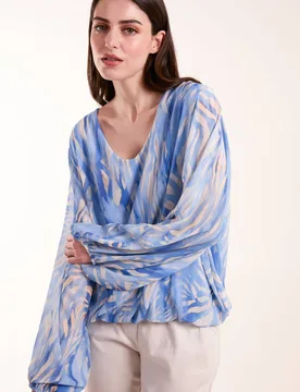 Women's Watercolour V Neck Top in Blue Size: Small/Medium - Blue - Size: S/M - Blue Vanilla - FashionsVida