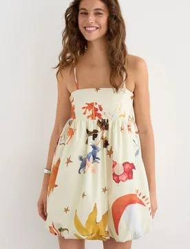 Womens Printed Spaghetti Strap Balloon Mini Dress - Ivory - Size Medium - Hiccup - FashionsVida