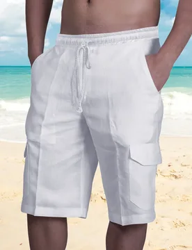 Solid Color Cotton Linen Cargo Shorts Summer Pull rope tie White Multiple pockets Men's Leisure Shorts Cool Hawaiian Beach pants - Aliexpress - FashionsVida