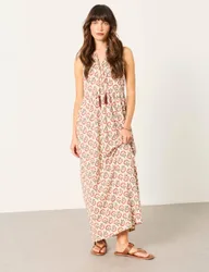 Linen Rich Jersey Floral V-Neck Maxi Dress Ivory Mix female