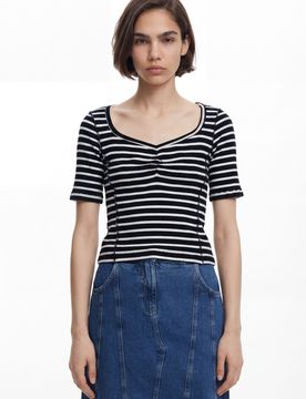 T-shirt à rayures, Coton, Noir, XS
