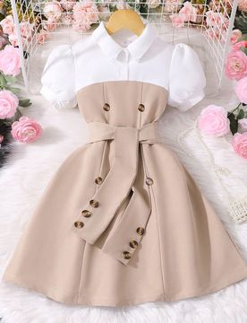 Vestido de niña pequeña con cinturón, de manga abullonada, cuello cruzado y bloqueo de color, elegante y de moda para el verano