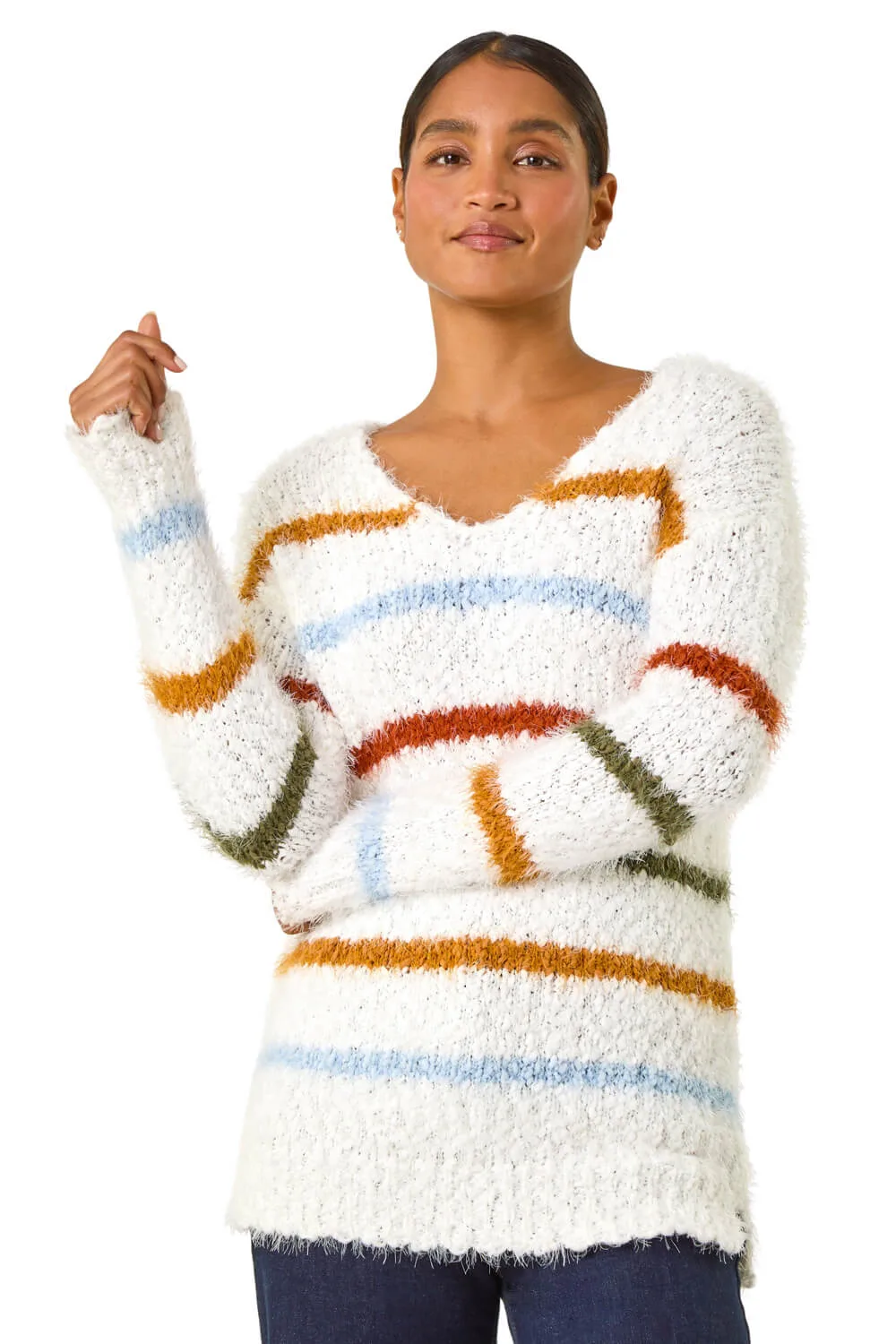 Womens Stripe Fluffy Knit Jumper - Ivory - Size 18 Uk - Roman - FashionsVida