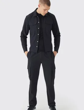 Men's Technical Stretch Cargo Shirt & Trouser Set Black Size Large Black L - boohooMAN - FashionsVida