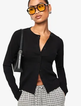 Womens Rib Button Through Long Sleeve Top - Black Cotton - Size 10 Uk - Boohoo - FashionsVida