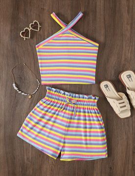 Conjunto casual de 2 piezas para niña preadolescente: top de punto a rayas sin mangas y shorts de punto holgados, estilo Y2K moderno y personalizado