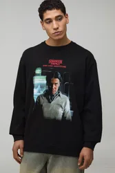 Mens Oversized Stranger Things License Printed Sweatshirt - Black Cotton - Size Large