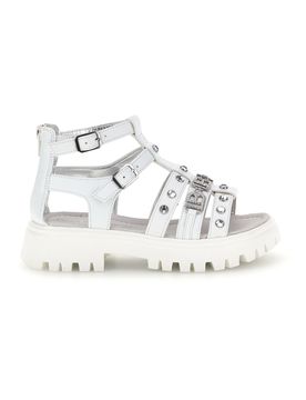 Sandali bianchi con borchie, fibbie, chiusura con cerniera 9621C9765 35
