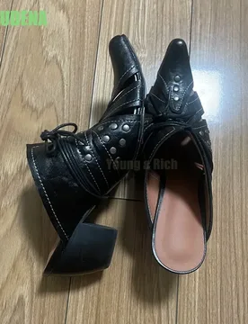 Pointed Toe Mule Slides Interlaced Hollow Cut Straps All Over Round Metal Studs Front Lace Fastener Slip Short Solid Block Heel - Aliexpress - FashionsVida