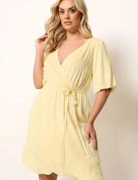 Women's Puff Ball Wrap Dress in Lemon Size: 30-32 - Lemon - Size: 30-32 - Yours - FashionsVida