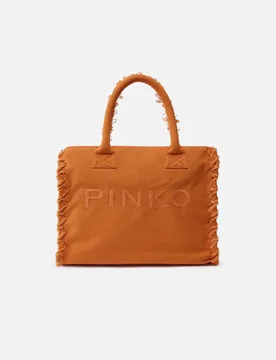 Shopper bag media Beach color arancione in canvas di cotone con lati sfrangiati - PINKO - FashionsVida