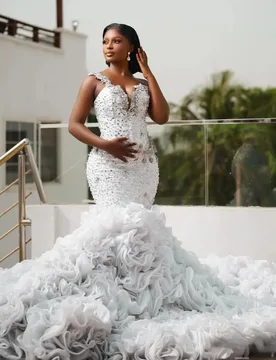 Gorgeous Mermaid Wedding Dresses Off the Shoulder Beads Crystals Cascading Ruffles African Bride Bridal Gowns Vestiods De Noiva - Aliexpress - FashionsVida