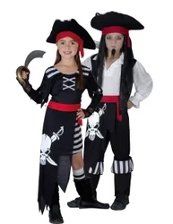 Piratenkapitän-Paarkostüm für Kinder Karneval schwarz-weiss-rot