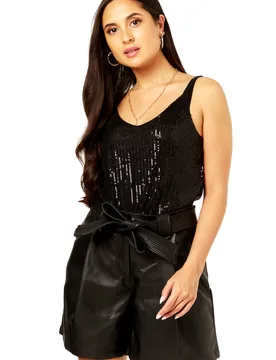 Womens Sequin V Neck Cami Top - Black - Size Small/medium - Gini London - FashionsVida