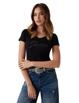 Maglietta A Maniche Corte Embro Script Logo Jet Black A996 S - Guess - FashionsVida