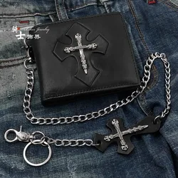 Personalized trendy men's leather wallet motorcycle Gothic cross leather wallet with punk pants chain