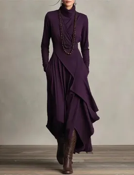 Irregular Dress Solid Color Long Sleeve Spring Autumn Women's New Cross High Neck Long Dress Vestidos Para Mujer Ropa Mujer - Aliexpress - FashionsVida