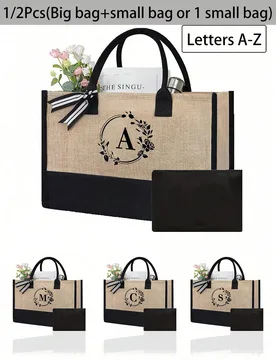 Pieza/2 piezas Set, Bolso de lona con inicial y estuche de maquillaje, bolsa de regalo personalizada adecuada para boda, cumpleaños, playa, vacacione - Shein - FashionsVida